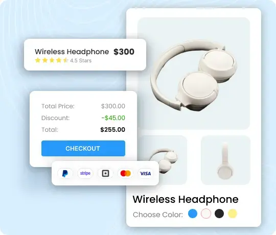 Wireless headphone product page with pricing, discount, and payment options