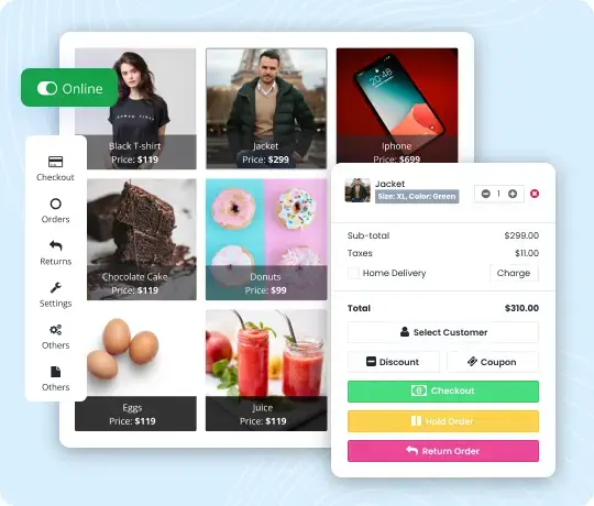 E-commerce point of sale interface with product grid and checkout sidebar