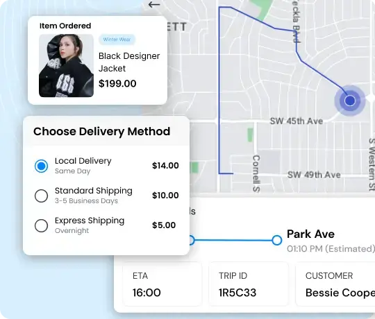 Order tracking interface showing delivery method selection and map route
