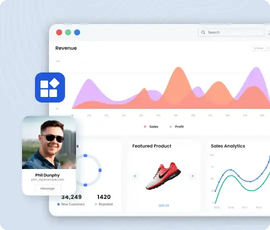 Sales dashboard displaying revenue analytics and featured product statistics