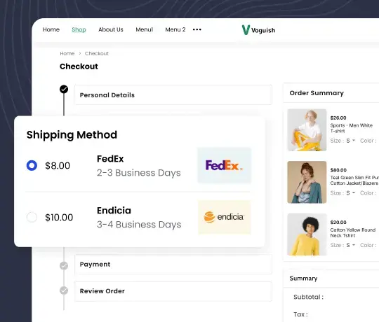 E-commerce checkout process with FedEx and Endicia shipping methods and order summary