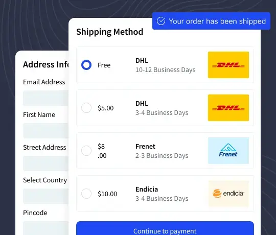 Checkout shipping method selection with DHL Frenet and Endicia carrier options