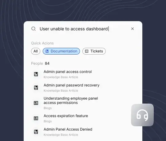 Admin dashboard search results showing access control and permissions documentation