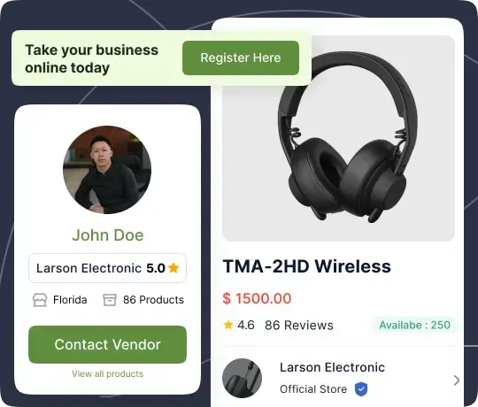 Multi vendor Shopify store interface with vendor profile and product details