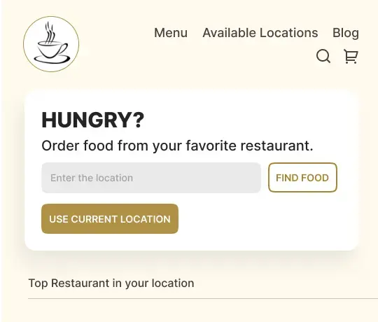 Shopify food ordering storefront with location search