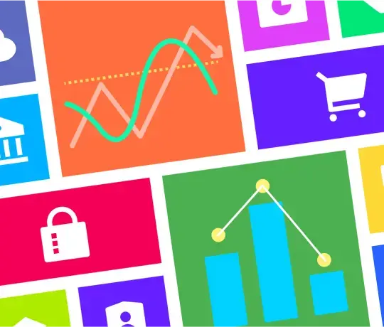 Colorful e-commerce dashboard tiles showing analytics charts shopping cart security and data visualization