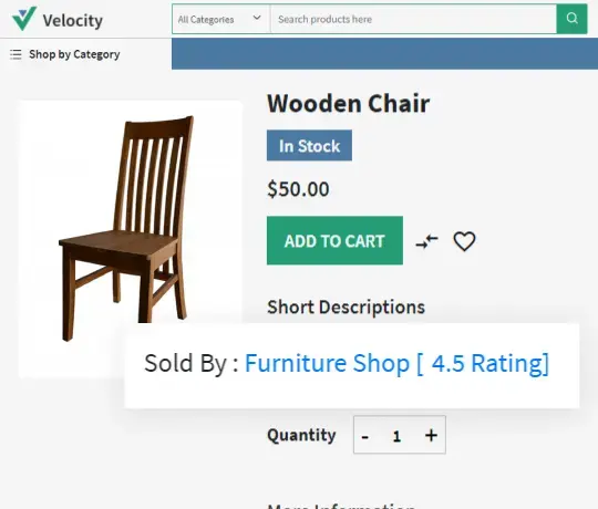 Wooden chair product page with add to cart button price and seller rating display