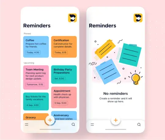 Mobile reminder app interface showing task cards and empty state for creating new reminders