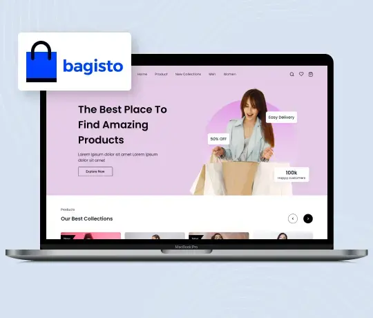 Bagisto e-commerce website homepage on laptop featuring product collections and promotional banner