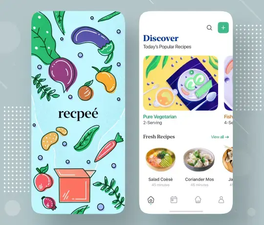 Recipe discovery mobile app displaying vegetarian dishes and fresh meal recommendations