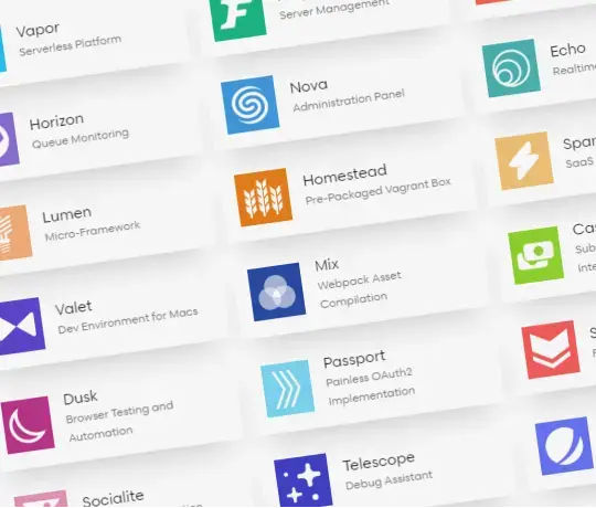 Developer tools and frameworks dashboard showing Laravel Nova Homestead and deployment services