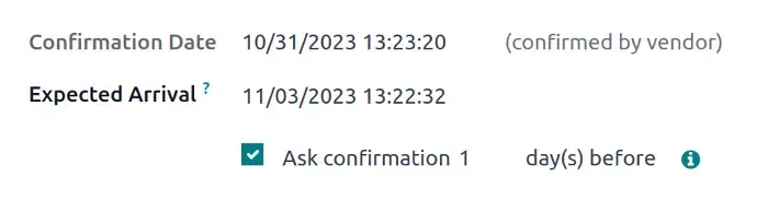 Odoo Inventory purchase confirmation and expected arrival date tracking screen