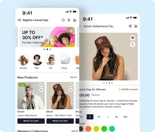 Laravel ecommerce mobile app interface with product listing and cart