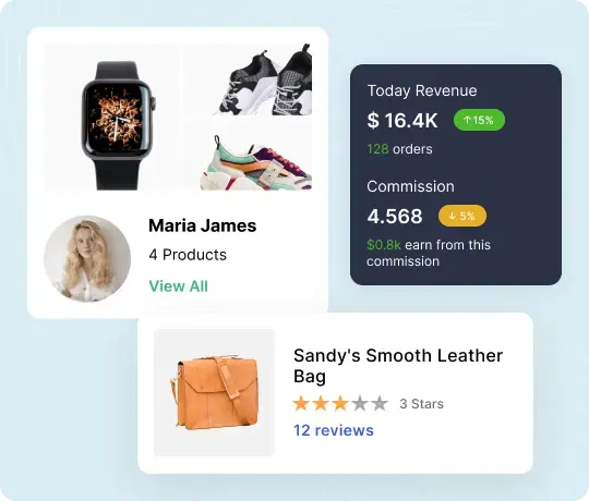 Vendor dashboard with revenue and commission analytics
