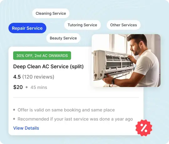 Service marketplace booking interface with discount offer