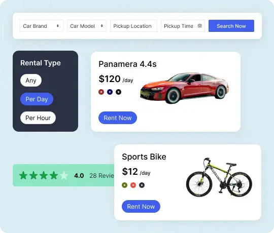 Vehicle and bike rental marketplace booking interface