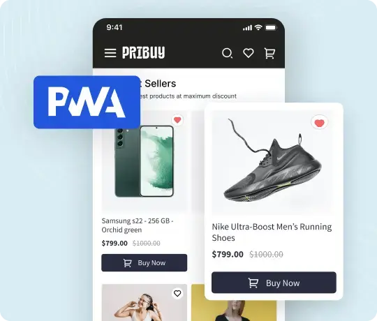 Laravel PWA mobile shopping app interface with featured products