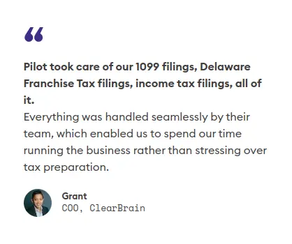 Professional bookkeeping and tax services testimonial from COO of ClearBrain highlighting 1099 filings, Delaware franchise tax, and income tax support