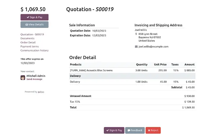 Odoo Sale module quotation creation interface