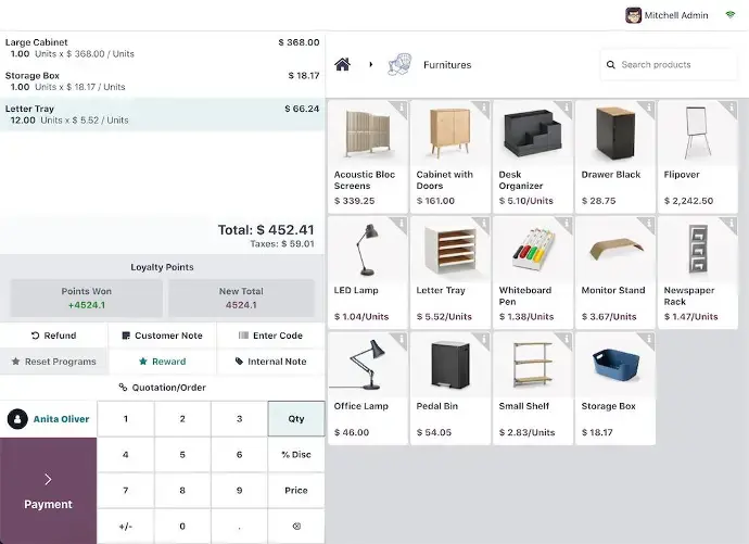 Odoo Point of Sale interface showing retail checkout with product catalog and payment summary