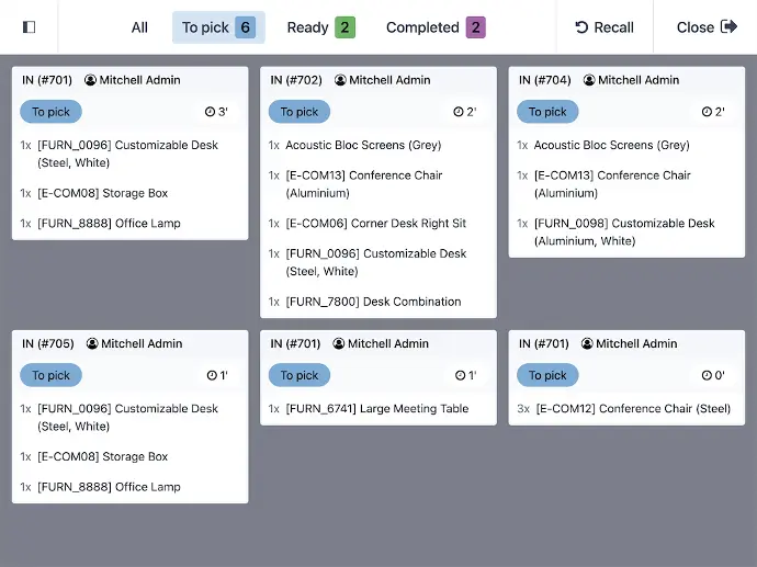 Odoo Point of Sale order management screen showing order picking statuses and items to prepare