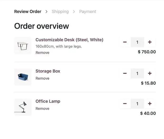 Odoo POS order overview page showing products, quantities, and pricing before payment