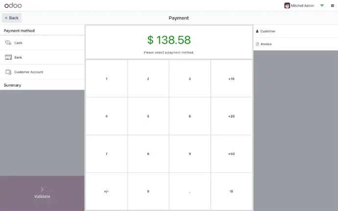 Odoo Point of Sale payment screen showing multiple payment methods and transaction total