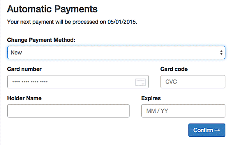 Automatic payment setup screen in Odoo Subscriptions for managing recurring card payments