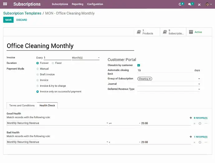 Odoo Subscriptions module showing subscription template configuration and recurring billing settings