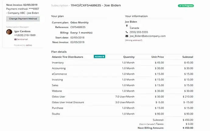 Odoo Subscriptions dashboard displaying detailed subscription plan with recurring services and pricing