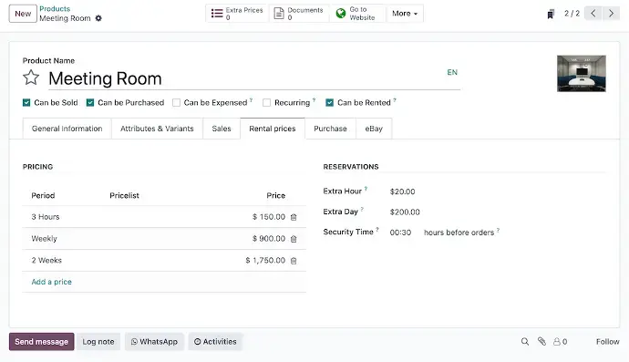 Odoo Rental module product configuration screen showing meeting room rental pricing and reservation settings