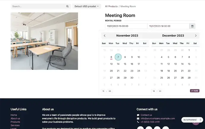 Odoo Rental availability calendar displaying rental period selection for a meeting room