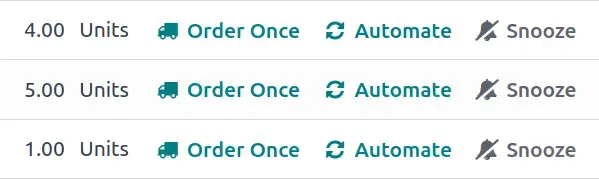 Odoo Purchase automated reordering rules with order once, automate, and snooze options