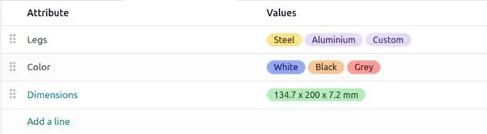 Odoo Purchase product attribute configuration showing variants such as material, color, and size