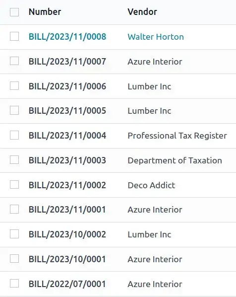 Odoo Purchase vendor bill list showing supplier invoices and accounting records