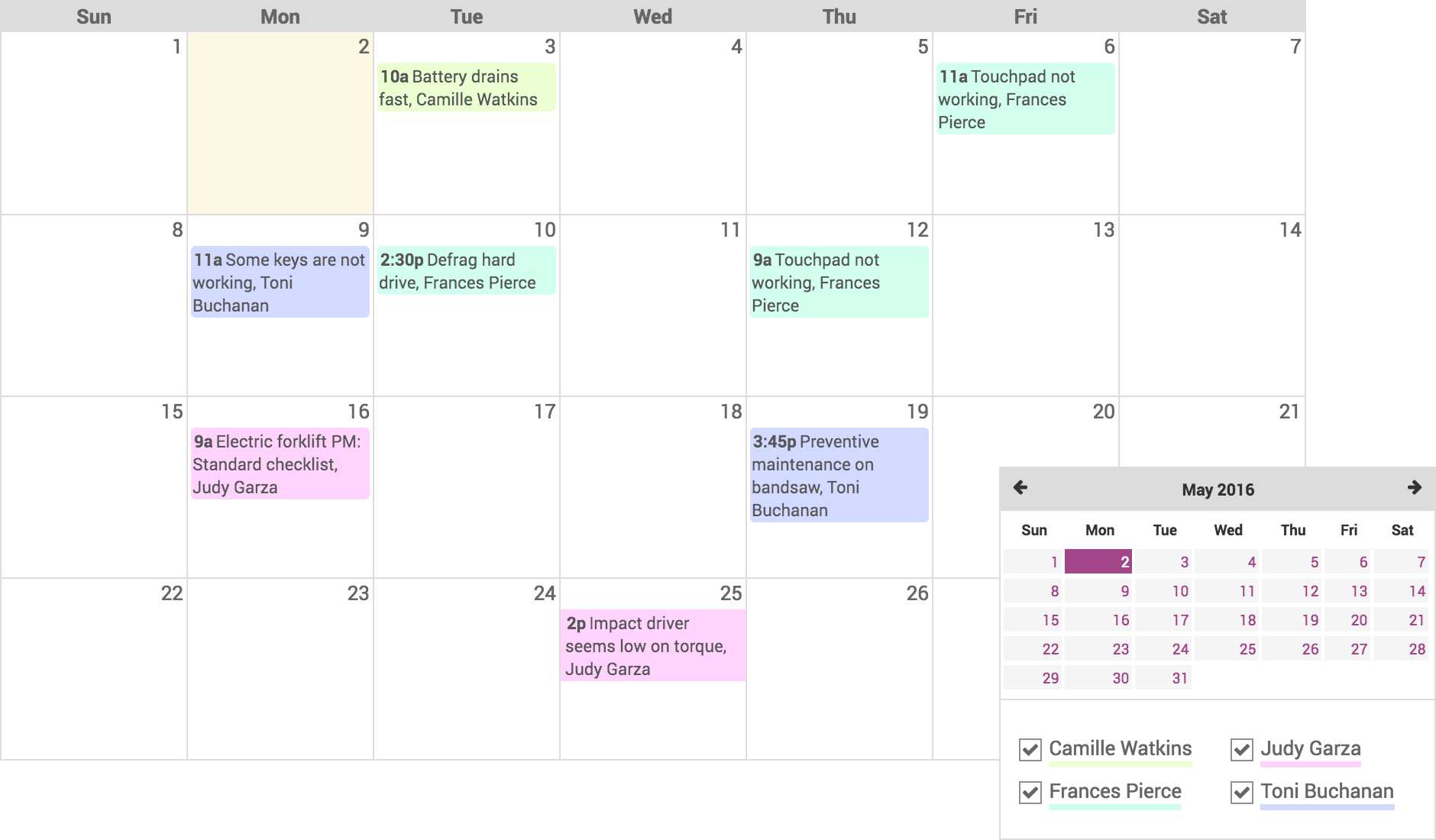 Odoo Maintenance calendar view used to schedule preventive and corrective maintenance tasks