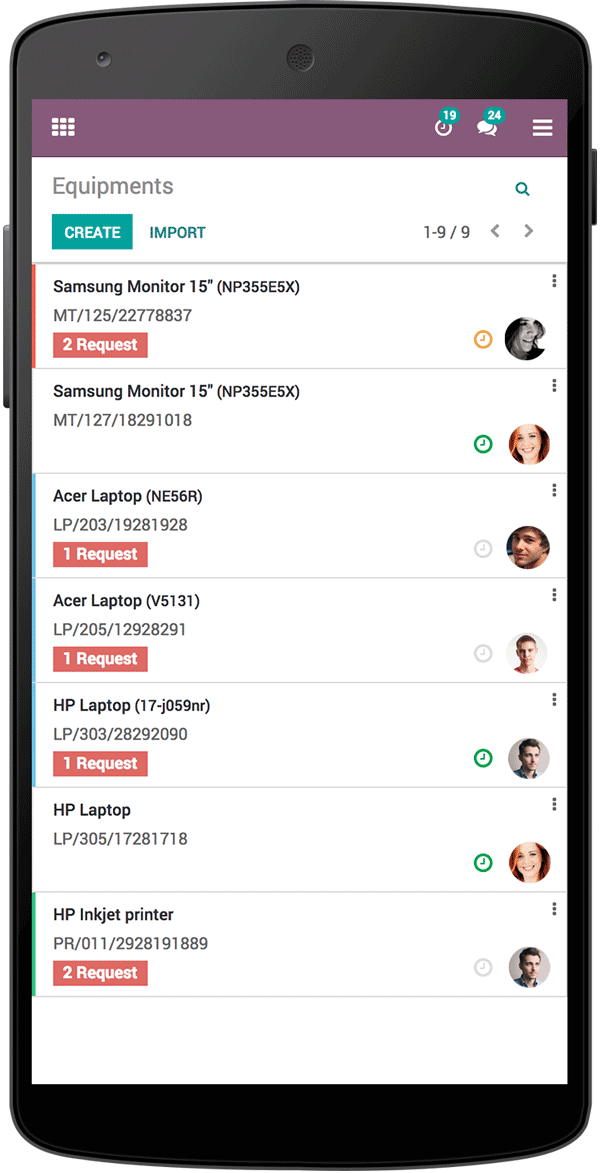 Odoo Maintenance mobile interface displaying equipment list and active maintenance requests