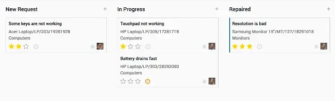 Odoo Maintenance Kanban view organizing maintenance requests from new to repaired