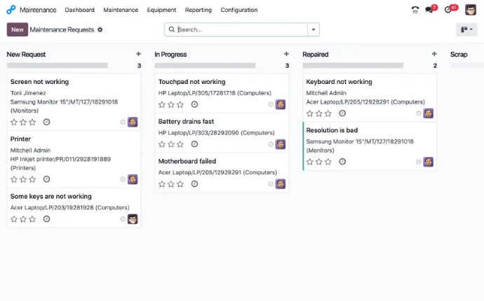Odoo Maintenance dashboard showing maintenance requests, equipment issues, and repair stages
