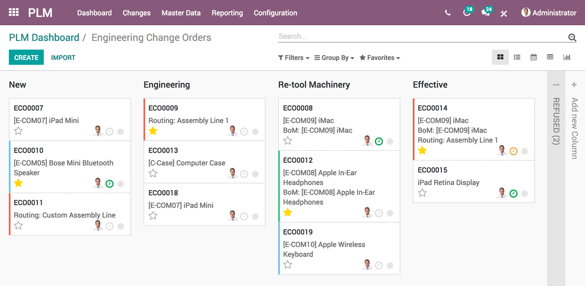 Odoo PLM dashboard showing engineering change orders kanban workflow across new, engineering, re-tooling, and effective stages