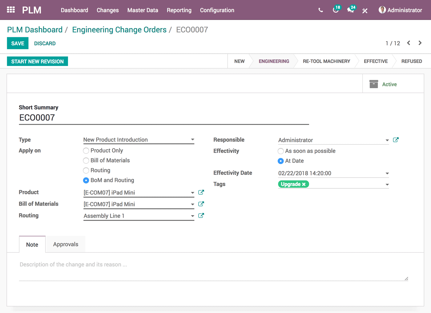 Odoo PLM engineering change order form with product, bill of materials, routing, and effectivity configuration