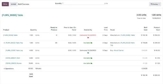 Odoo bill of materials overview with component costs