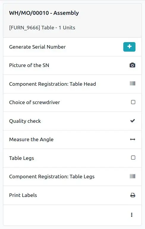 Odoo manufacturing quality checklist and serial tracking