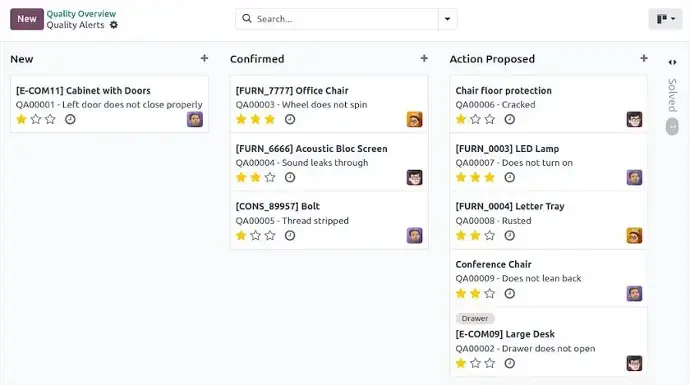 Odoo quality control kanban board for manufacturing