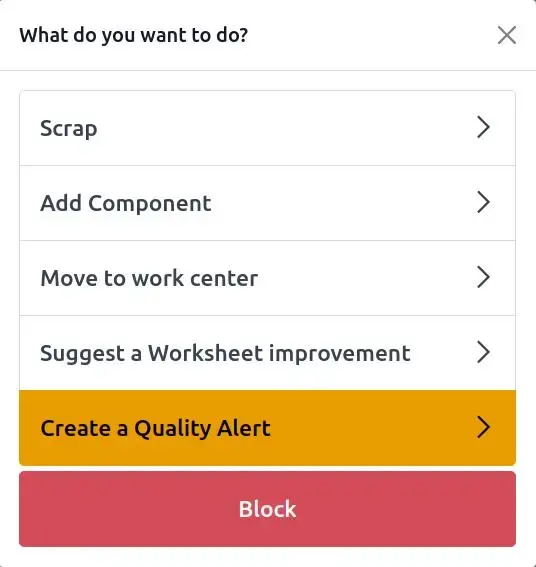 Odoo Quality action menu for creating and managing quality alerts