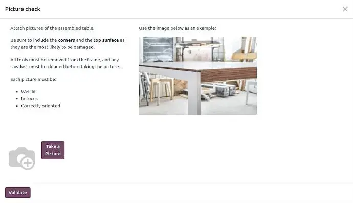 Odoo quality picture check interface for visual inspection evidence
