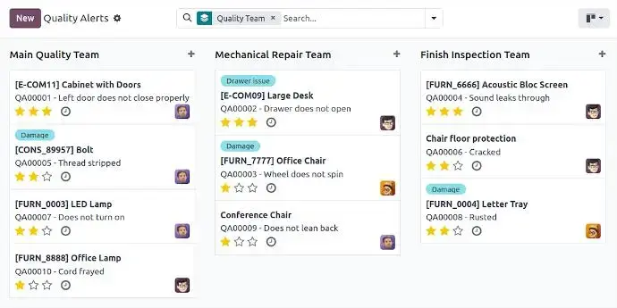 Odoo Quality alerts Kanban view organized by inspection teams