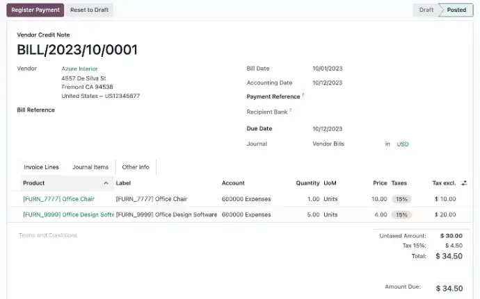Odoo Accounting vendor bill view showing posted supplier invoice with tax, journal entries, and payment details