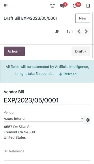 Odoo mobile accounting interface showing draft vendor bill with AI-powered data extraction and validation