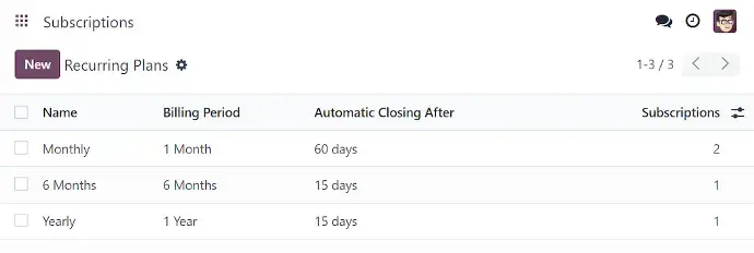 Odoo subscriptions recurring billing plans list in ERP dashboard